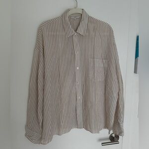 VINCE White Brown Crinkled Gauzy Cotton Boxy Oversized Button Shirt LG